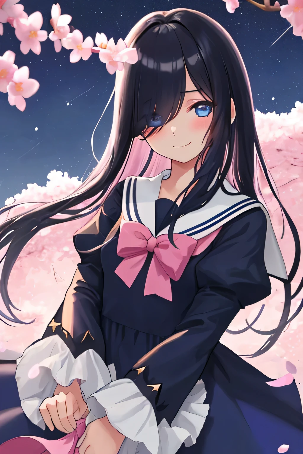 1girl, solo, long hair, looking at viewer, blush, smile, bangs, blue eyes, black hair, long sleeves, dress, closed mouth, flower, outdoors, sky, puffy sleeves, sailor collar, hair over one eye, petals, night, blue dress, eyes visible through hair, cherry blossoms, star (sky), night sky, pink flower, starry sky, white sailor collar