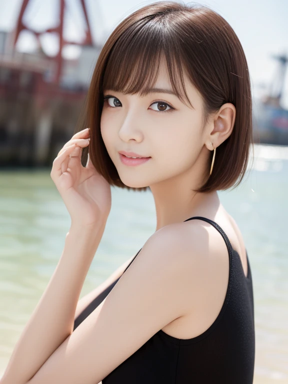 girl, White skin, ((Dark brown short tiered hair)), V cut with layers and bangs, Brown eyes, Soft atmosphere characteristics (Highest quality, Ultra-high resolution, 8K, RAW Photos, Ultra-high resolution: 1.2, masterpiece: 1.3), (Realistic, Realistic: 1.37), Very detailed, Professional Lighting, Photon Mapping, Radio City, 物理ベースレンダring, One Girl, (high school girl), Sharp focus:1.2、Beautiful woman:1.4,cute, Nice, Adorable smile, Normal chest, Cross Necklace、Earrings、ring,(Cleavage)、Selfie,((Dark brown short hair),(surfing, Blue Wave, surfboard, Wetsuits, sea breeze, A refreshing look, sun)