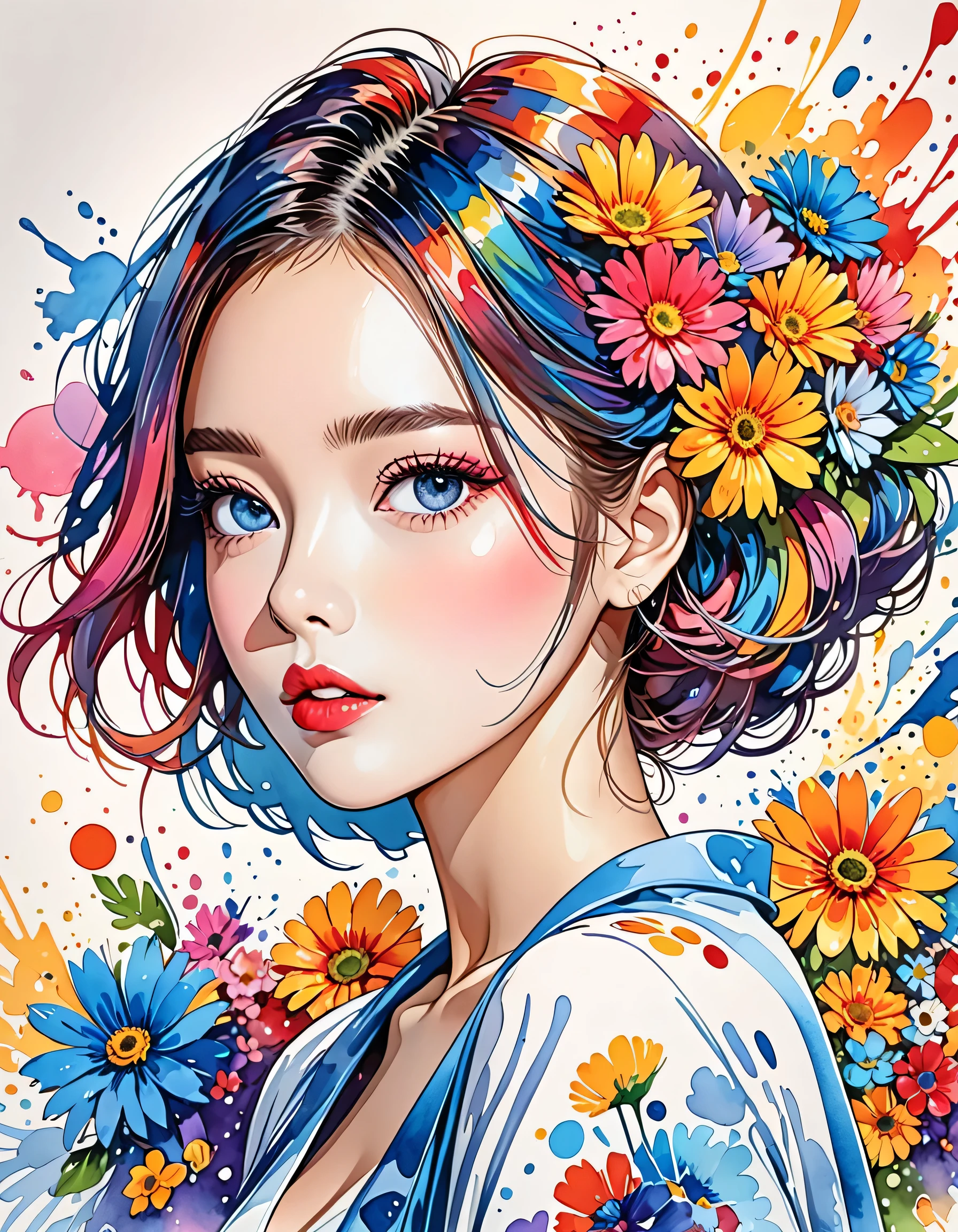 Micho Style、(((stylish fashion))), 8K Quality、Intense watercolor, Detailed watercolor art, Watercolor splash, Surreal, avant-garde pop art, Beautiful and expressive paintings, Beautiful artwork illustration, Very colorful tones, wonderful, Cool beauty, highest quality、Official Art, Vector art, Stylish design, (((The most beautiful girl))), (((highest quality))), HDR, ((detailed)), (((Doodle Art)), ((masterpiece)), ((Super detailed)), (((Colorful flowers))),(((Stylish))),