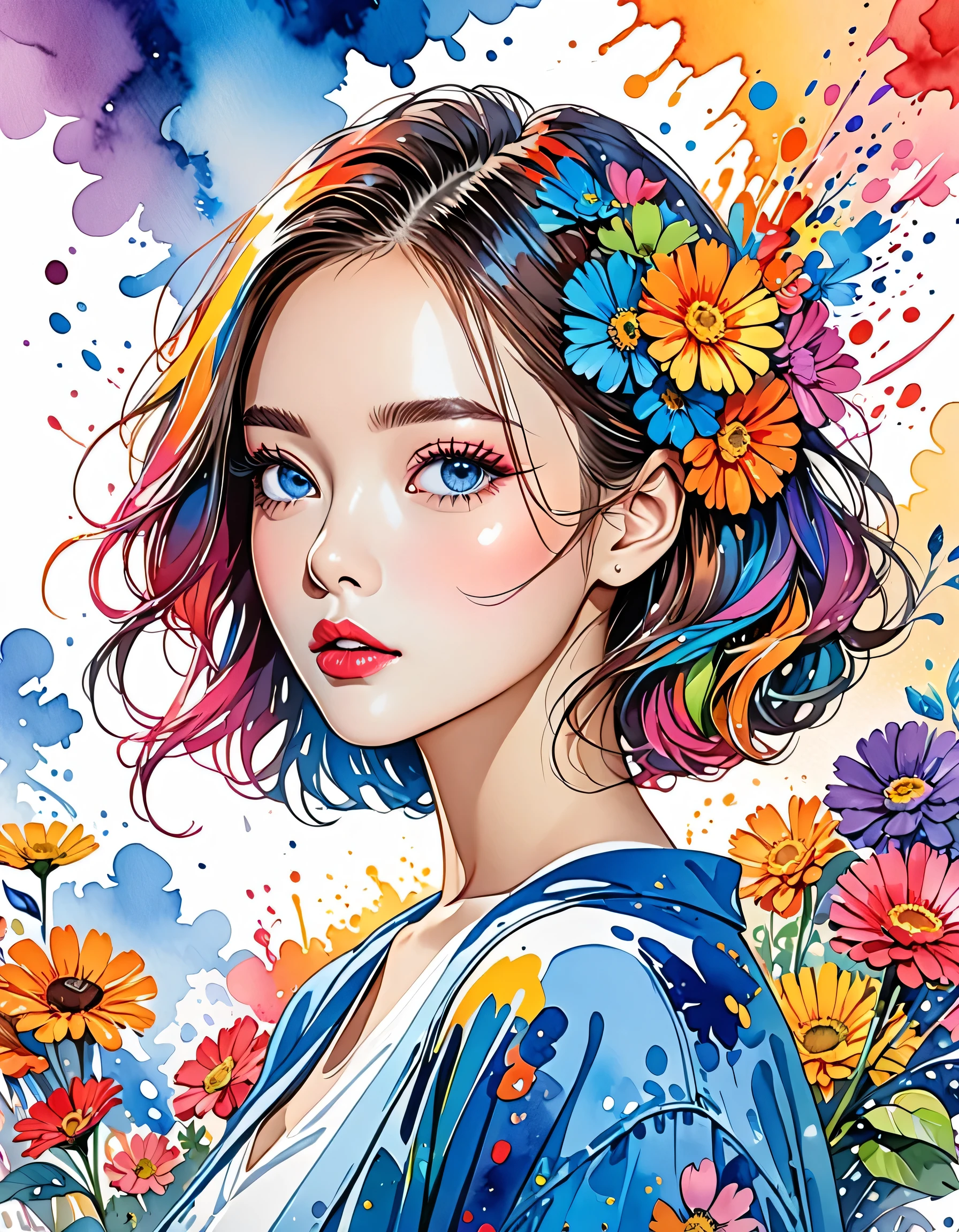 Micho Style、(((stylish fashion))), 8K Quality、Intense watercolor, Detailed watercolor art, Watercolor splash, Surreal, avant-garde pop art, Beautiful and expressive paintings, Beautiful artwork illustration, Very colorful tones, wonderful, Cool beauty, highest quality、Official Art, Vector art, Stylish design, (((The most beautiful girl))), (((highest quality))), HDR, ((detailed)), (((Doodle Art)), ((masterpiece)), ((Super detailed)), (((Colorful flowers))),(((Stylish))),