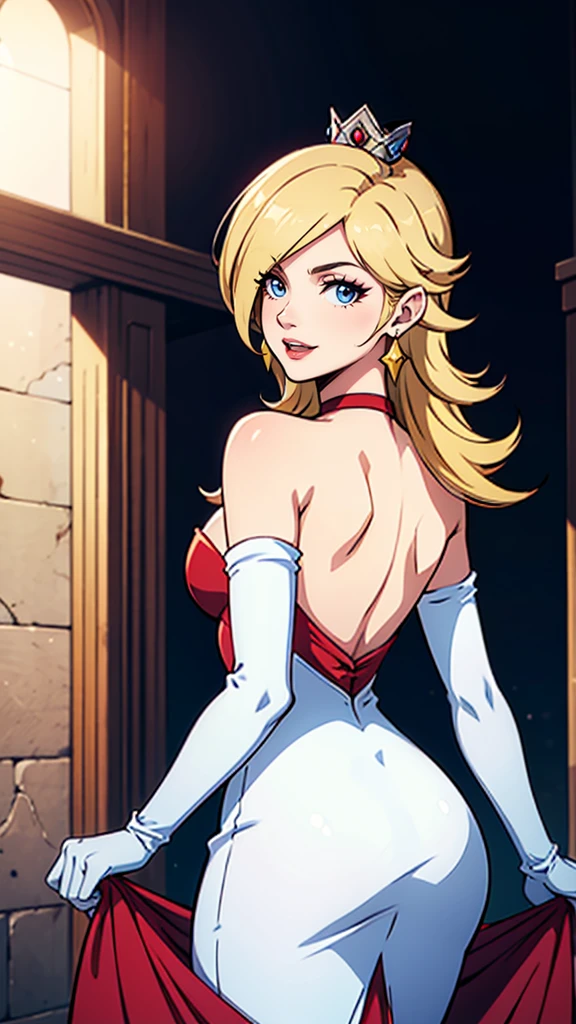 rosalina, crown, red dress, long dress, strapless dress, backless dress, long white elbow gloves, smile, light red lipstick, dark purple eye shadow, makeup, black choker, cowboy shot