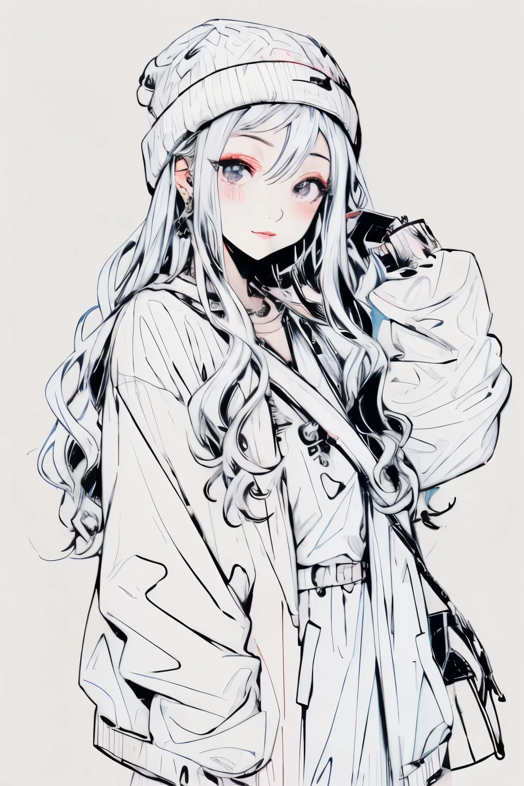 Drawing of a girl with long hair and a hat, beautiful Line art, 完璧なLine art, きれいなLine art, Line art!!, Long Hair Anime Girl, black and white manga style, Beautiful anime outline, 太い黒のLine art, 非常に細かいインクのLine art, thick Line art, 太字のLine art, Anime style painting, 太いLine art