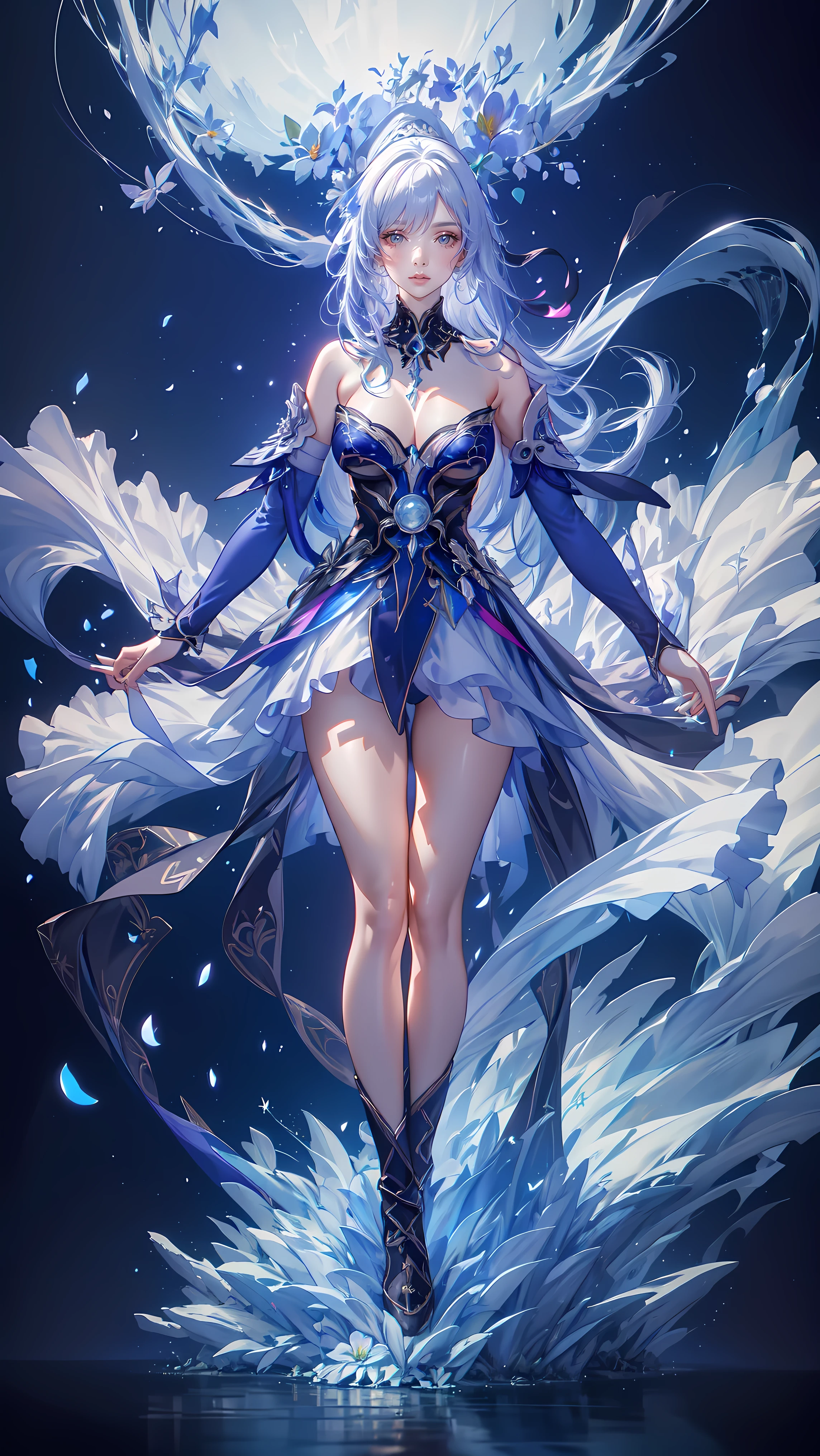 (((FULL BODY POSE))) (((SHOW PANTIES))) (((BIG GIANT BOOBS))) (((WHITE HAIR WITH BLUE HIGHLIGHT))) ((GOOD FINGER, ANATOMY CORRECTED)) (((BLUE LUXURY ARISTOCRATIC NOBLE COSTUME))) | A WOMEN WEAR ((SEXY OUTFIT)) FLOATING IN THE WATER ((BLUE SKY BACKGROUND)) ((FLOWER PETALS FAILING BACKGROUND IS A BLUE SKY)))) HORIZON PLANET FULL OF (((STARS))) | big eyes, ((big boobs)) sexy pose, big thigh, full body, large breasts, open legs, show panties, smile, portrait knights of zodiac, extremely detailed ((pixiv arts)), high detailed official artwork, [ tarot card ]!!!!!, detailed key anime art, knights of zodiac anime, beautiful celestial mage, firefly from honkai star rails, full body | (dynamic angle:1.1), outline, ((thick line art)), cover, stylish, official art, (details:1.2), (fantasy), garden, (bloom:1.1), glow:0.2, shadow, nature, flower, splash water, crystal, snowflakes, particles, bokeh, anamorphic light (depth of field), sharp focus, (volumetric lighting), (bokeh:0.6), film grain:0.4, (soft lighting:1.1) (VIGNETTE:1) | high-quality, ultra-detailed illustrations, ultra-high resolution, (high resolution, overwhelmingly pixel-perfect, luxurious illustration), (Ultra Quality, Masterpiece, Ethereal:1.4) photorealistic:.1.4, UHD (8k, RAW photo, best quality, masterpiece:1.2)