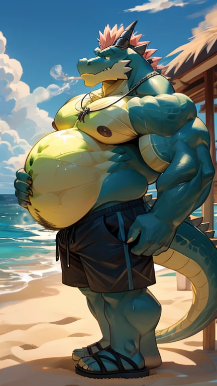 Big buff dark blue cartoon alligator with a oversized inflated dark blue stomach, deep blue, big bellybutton, dark blue back, Black spiky tank top overhanging on top of his huge stomach, blowing bubblegum, green necklace with dragon tooth, concerned look on his face, high pink blushing, spiky beige mohawk hairline, red arm necklace, muscular build with nipples, body hair on his chest and on his oversized stomach, water dribbling from his muscular body, Black shorts, sandals, Standing on a beach resort in a ready to fart position and farting out a huge enormous light green toxic gas cloud leaving a putrid smell。