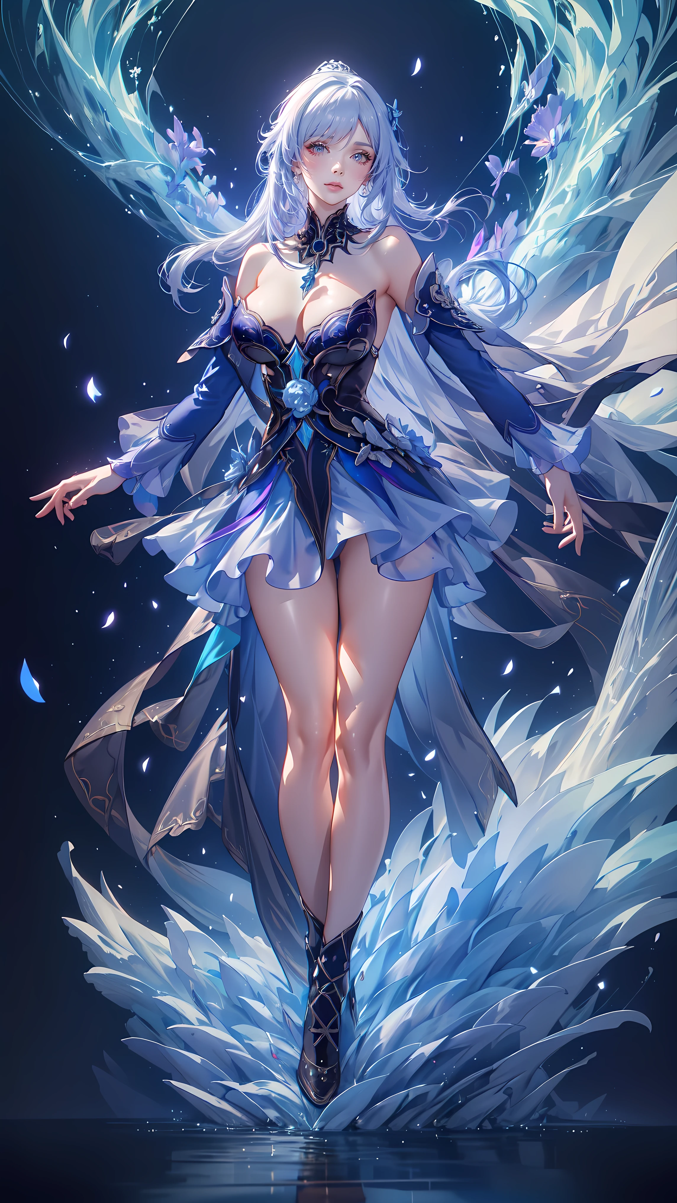 (((FULL BODY POSE))) (((SHOW PANTIES))) (((BIG GIANT BOOBS))) (((WHITE HAIR WITH BLUE HIGHLIGHT))) ((GOOD FINGER, ANATOMY CORRECTED)) (((BLUE LUXURY ARISTOCRATIC NOBLE COSTUME))) | A WOMEN WEAR ((SEXY OUTFIT)) FLOATING IN THE WATER ((BLUE SKY BACKGROUND)) ((FLOWER PETALS FAILING BACKGROUND IS A BLUE SKY)))) HORIZON PLANET FULL OF (((STARS))) | big eyes, ((big boobs)) sexy pose, big thigh, full body, large breasts, open legs, show panties, smile, portrait knights of zodiac, extremely detailed ((pixiv arts)), high detailed official artwork, [ tarot card ]!!!!!, detailed key anime art, knights of zodiac anime, beautiful celestial mage, firefly from honkai star rails, full body | (dynamic angle:1.1), outline, ((thick line art)), cover, stylish, official art, (details:1.2), (fantasy), garden, (bloom:1.1), glow:0.2, shadow, nature, flower, splash water, crystal, snowflakes, particles, bokeh, anamorphic light (depth of field), sharp focus, (volumetric lighting), (bokeh:0.6), film grain:0.4, (soft lighting:1.1) (VIGNETTE:1) | high-quality, ultra-detailed illustrations, ultra-high resolution, (high resolution, overwhelmingly pixel-perfect, luxurious illustration), (Ultra Quality, Masterpiece, Ethereal:1.4) photorealistic:.1.4, UHD (8k, RAW photo, best quality, masterpiece:1.2)