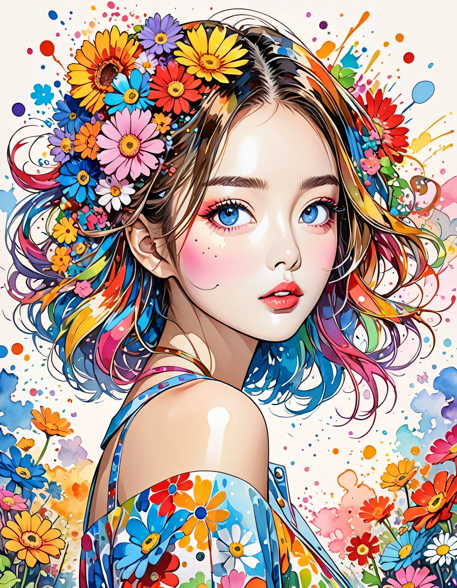 Takashi Murakami Style、(((stylish fashion))), 8K Quality、Intense watercolor, Detailed watercolor art, Watercolor splash, Surreal, avant-garde pop art, Beautiful and expressive paintings, Beautiful artwork illustration, Very colorful tones, wonderful, Cool beauty, highest quality、Official Art, Vector art, Stylish design, (((The most beautiful girl))), (((highest quality))), HDR, ((detailed)), (((Doodle Art)), ((masterpiece)), ((Super detailed)), (((Colorful flowers))),(((Stylish))),