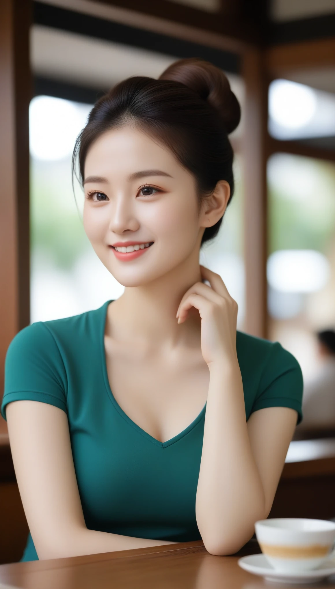 close up, Side view of beautiful Korean woman, 34 inch chest size, Hair Bun, Wear a well-fitting polo shirt, Smile, Put your chin on one hand, In a tea house, Bokeh background, Polaroid photos, Ultra HD