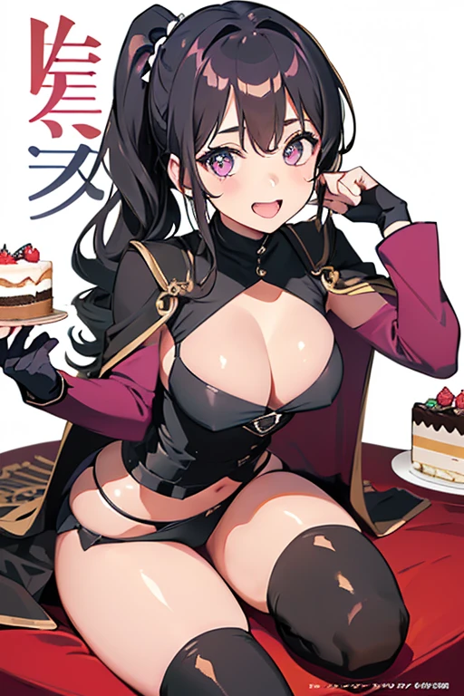 1 girl, small nose, very beautiful detailed face and eyes, bright colors, cute face, delicate beautiful face, Bright magenta eyes, cute eyes, sparkling eyes, Big eyes, (???????????:1.3), (perky ?????:1.1), (pointed ?????:1.0), (cake magazine cover:1.3)，highest quality, WorKs of masters, High resolution,BlacK color hair，shiny hair, side ponytail,hair between eyes,bangs, (black jacket, real clothes, cleavage, black skirts, black thighhighs, thigh strap, fingerless gloves, single glove:1.2) , ???????????, panties shot, medium ????, glamorous body, white skin, smile, thin pubric hair, super beautiful face, Super beautiful eyes, Super beautiful hair，trendy outfit，???? and attractive,full body esbian, Real World, Natural light,perfect Natural light,(with sparkling eyes and a contagious smile), This masterpiece is not only visually stunning but also tells,  make of cake cooking , in the kitchen, open mouth, looking at viewer,
