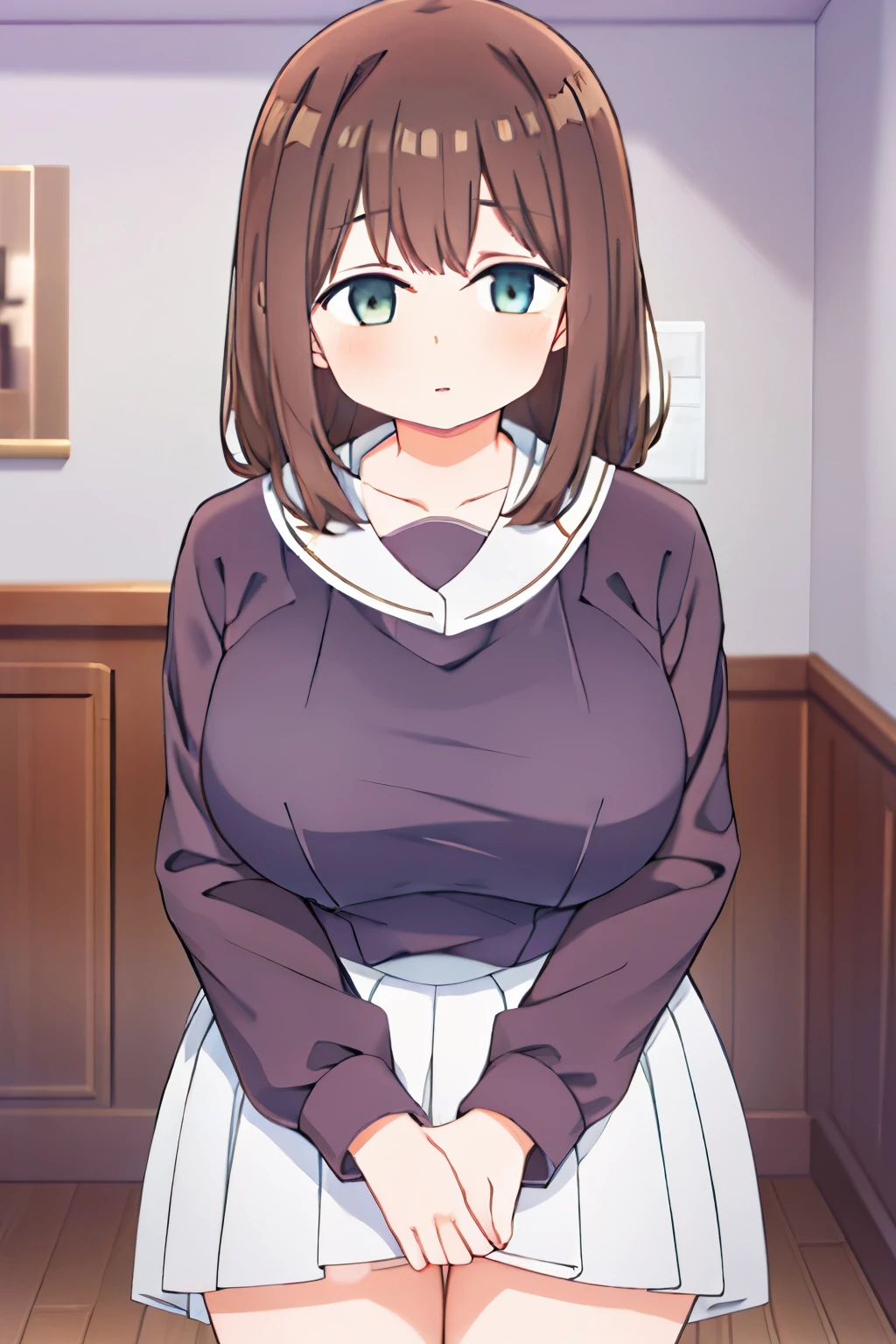 G-Cup masterpiece highest quality High resolution Inner thighs Hold the skirt tightly Confused face Brown Hair Soft and fluffy older sister Married Woman Hold the crotch Hold the pee