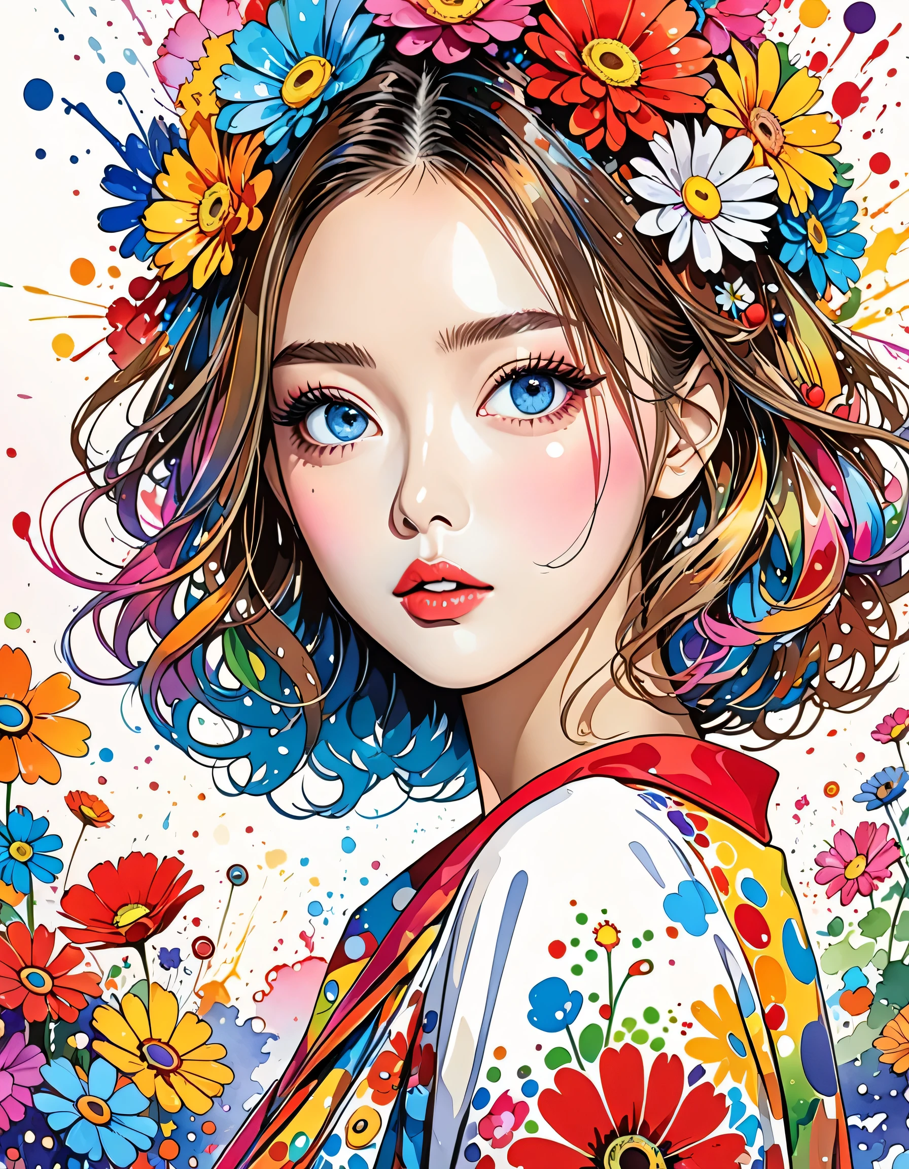 Takashi Murakami Style、(((stylish fashion))), 8K Quality、Intense watercolor, Detailed watercolor art, Watercolor splash, Surreal, avant-garde pop art, Beautiful and expressive paintings, Beautiful artwork illustration, Very colorful tones, wonderful, Cool beauty, highest quality、Official Art, Vector art, Stylish design, (((The most beautiful girl))), (((highest quality))), HDR, ((detailed)), (((Doodle Art)), ((masterpiece)), ((Super detailed)), (((Colorful flowers))),(((Stylish))),