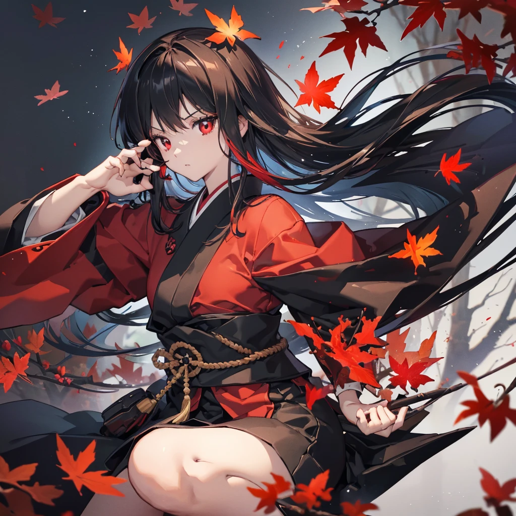 ((blackい髪 Long Hair black Military commander one person Lonely Red Flag Eye patch)) ((night Japanese style old Shining Aura)) (Dance Burning Blade Shining Japan sword Hold the sword with your right hand Hold the sheath in your left hand Pull it out as it is) moon star Draw your sword Slashing Catch the wind print Tense face geta kimono Red shiny edge Reflection of the sword water surface autumn Maple Red Butterfly in the forest Emit an aura Look over