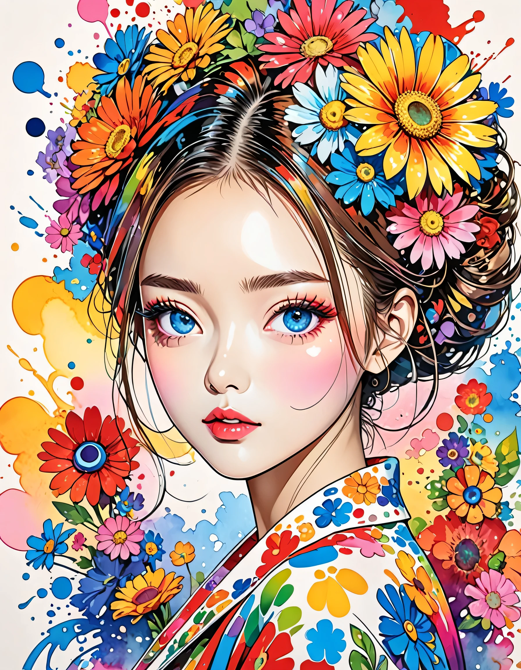 Takashi Murakami Style、(((stylish fashion))), 8K Quality、Intense watercolor, Detailed watercolor art, Watercolor splash, Surreal, avant-garde pop art, Beautiful and expressive paintings, Beautiful artwork illustration, Very colorful tones, wonderful, Cool beauty, highest quality、Official Art, Vector art, Stylish design, (((The most beautiful girl))), (((highest quality))), HDR, ((detailed)), (((Doodle Art)), ((masterpiece)), ((Super detailed)), (((Colorful flowers))),(((Stylish))),