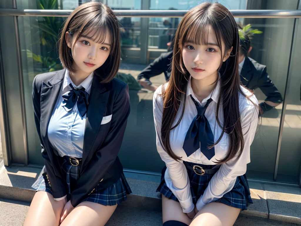 (8K, Raw photography, top-quality, masterpiece:1.2), master piece, best quality, illustration, Super detailed, fine details, High resolution, 8K,wall paper, perfect dynamic composition,(Details High quality, realistic depiction of eyes:1.3), ((2 girls, 2 schoolgirls)), The background is a luxury hotel room、High school girl uniform、blazer 、Super Short Check Uniform Skirt、Navy blue high socks、garterbelts、Colossal tits、Disturbed uniform, Play with each other,Touching each other's bodies,Touching the body of the girl next door, short bob hair, black hair color, huge breasts, Big Natural Color Lip, bold sexy pose, (perfect body shape), crying a little、cold gaze, Beautiful makeup,glitter makeup,Cutest 18 years old, beautiful legs, hposing Gravure Idol, Voluptuous thighs