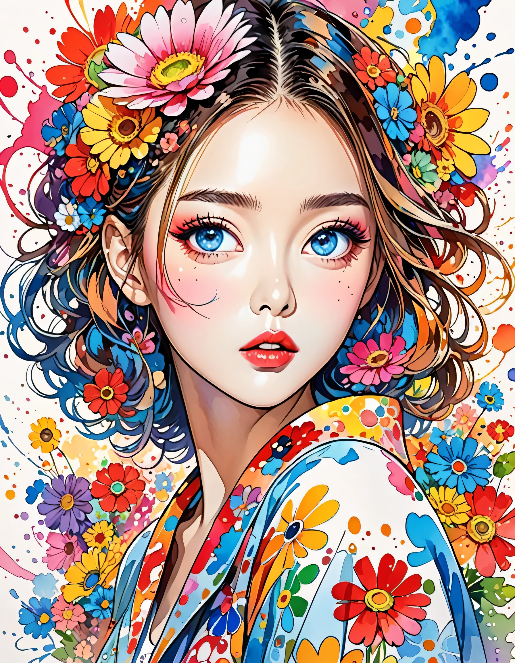 Takashi Murakami Style、(((stylish fashion))), 8K Quality、Intense watercolor, Detailed watercolor art, Watercolor splash, Surreal, avant-garde pop art, Beautiful and expressive paintings, Beautiful artwork illustration, Very colorful tones, wonderful, Cool beauty, highest quality、Official Art, Vector art, Stylish design, (((The most beautiful girl))), (((highest quality))), HDR, ((detailed)), (((Doodle Art)), ((masterpiece)), ((Super detailed)), (((Colorful flowers))),(((Stylish))),