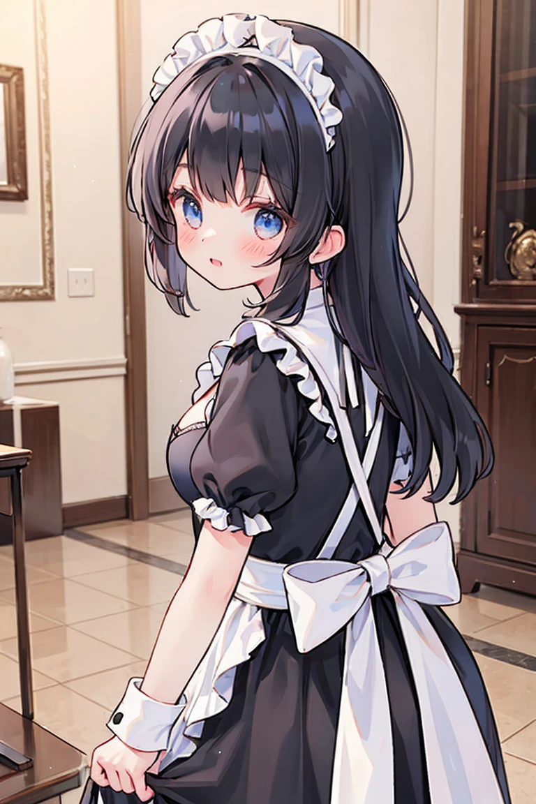 (8K、Highest image quality、highest quality、masterpiece)、detailed face、((one loli))、black hair、short twintails、gray eyes、evil smile、((grin))、small breasts、white brim、((maid))、frills、apron、((miniskirt))、cowboy shot、luxury room background
