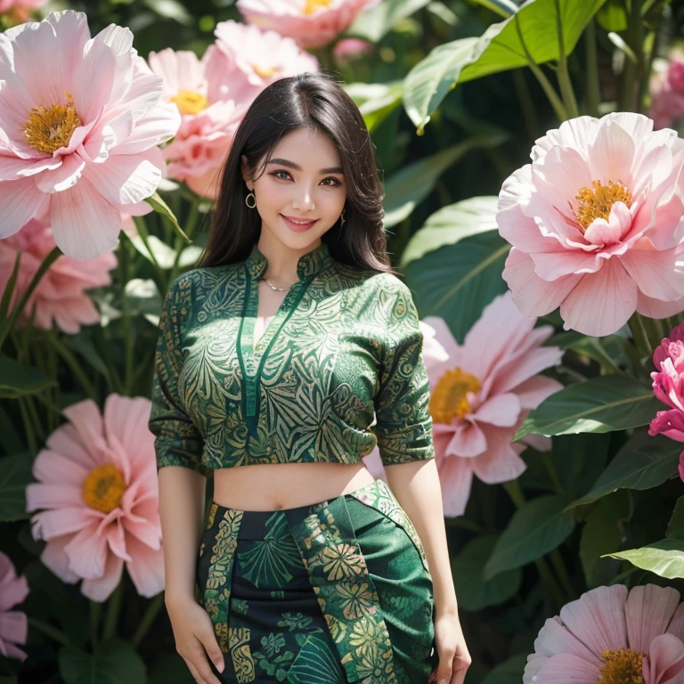 1 beautiful woman, huge breasts, curvy, thick eyebrows, black eyes, facial details, bright face, wave long black hair, big earing , necklace, (( green paint batik shirt with green pencil tight long batik skirt) elegant pose, standing , view from front, full body shot, huge butt, round ass, show curve body, long leg, looking and smile to viewer, Perfect Eye, Perfect Hand, Perfect Finger, flower garden background bokeh, ((no shadow)), day time