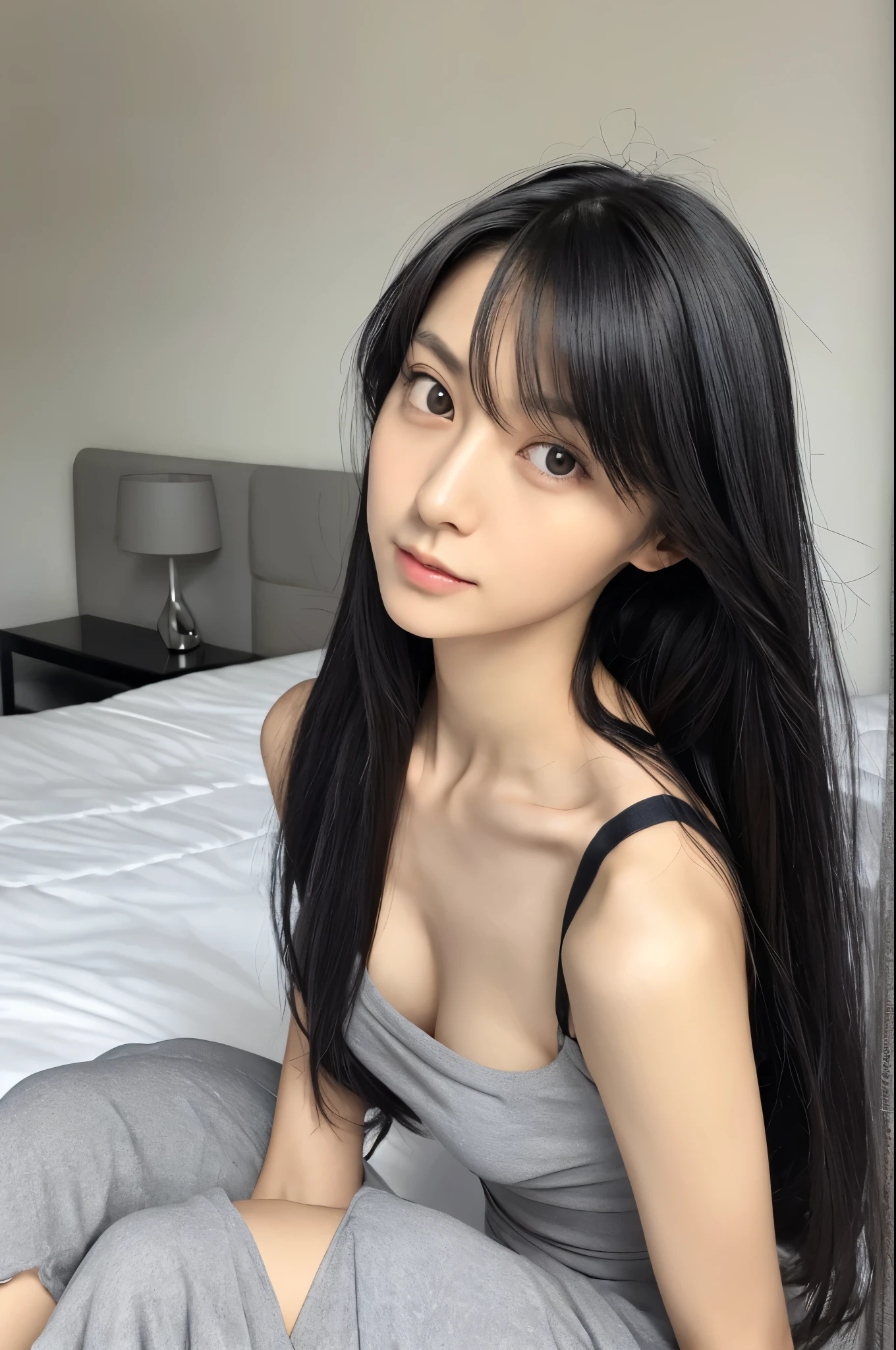 A Japanese lady, skinny figure, small breasts, extremely thin waist, beautiful face, beautiful eyes, natural make up, black long hair, wearing a tight grey dress, sitting on a bed, looking longingly at a viewer, 1girl in, solo, detailed face and eyes, detailed fingers and arms. Full body photo. Realistic, Photorealistic.