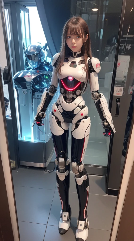 ((Robot Girl, mechs)), Glowing eyes, Delicate face, broken armor, Mechanical aura, Mechanical ArmMechanical Leg, Brown hair, Long hair, ceramic body, Thigh gap, tiny chest, cyber background, akihabara, (translucent, reflection skin), 8K, Best Quality, Ultra-detailed, (surrealism: 1.4),(Perfect Robot Girl),(Perfect machine body)