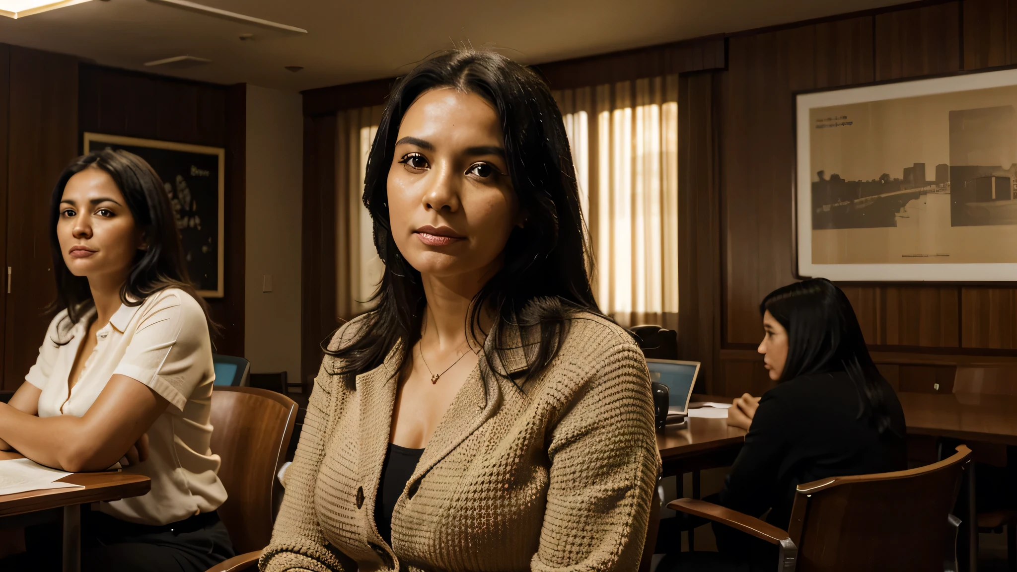 A woman, black hair, Brazilian, panoramic view, studying and defending her ideas in a room with your colleagues, Her age, though not explicitly stated, exudes a sense of maturity and wisdom. Her face and features are incredibly detailed, each line. sepia, old style