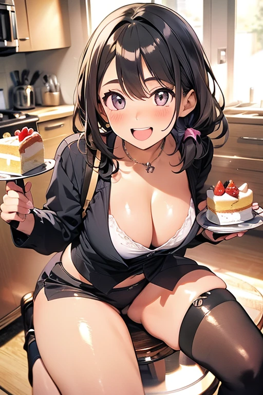 1 girl, small nose, very beautiful detailed face and eyes, bright colors, cute face, delicate beautiful face, Bright magenta eyes, cute eyes, sparkling eyes, Big eyes, (big breasts:1.3), (perky chest:1.1), (pointed chest:1.0), (cake magazine cover:1.3),highest quality, WorKs of masters, High resolution,BlacK color hair,shiny hair, side ponytail,hair between eyes,bangs, (black jacket, real clothes, cleavage, black skirts, black thighhighs, thigh strap, fingerless gloves, single glove:1.2) , spread legs, panties shot, medium hips, glamorous body, white skin, smile, thin pubric hair, super beautiful face, Super beautiful eyes, Super beautiful hair,trendy outfit,sexy and attractive,full body esbian, Real World, Natural light,perfect Natural light,(with sparkling eyes and a contagious smile), This masterpiece is not only visually stunning but also tells, make of cake cooking , in the kitchen, open mouth, looking at viewer,