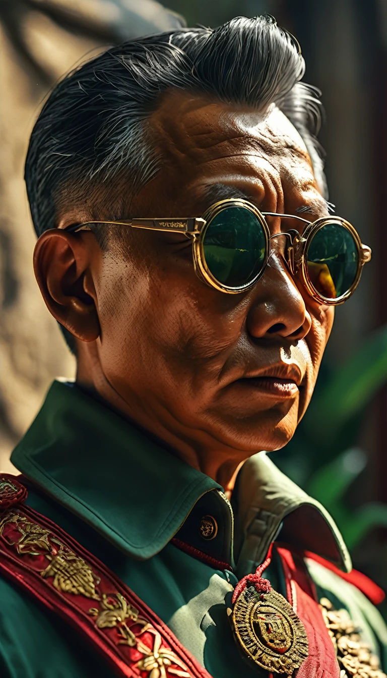 Cinematic film still, Pol Pot, the radical communist leader of the Khmer Rouge, detail, shot, dramatic, daylight, medium shot , highly detailed, vibrant, detailed textures, medium shot, ultrawide, full length shot, realistic, bright, ultrarealistic, realistic focus face, bright scene, 8k ,hyper realistic, ultra detailed hyper realistic, photorealistic, Studio Lighting, reflections, Cinematic, historical accuracy, Color Grading, Photography, Shot on 50mm lens, Depth of Field, hyper-detailed, beautifully color, 8k