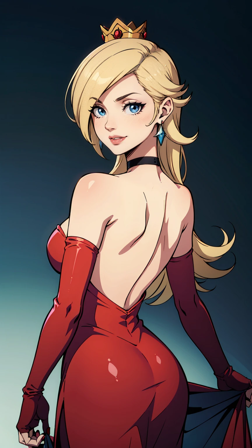 rosalina, crown, red dress, long dress, strapless dress, backless dress, long white elbow gloves, smile, light red lipstick, dark blue eye shadow, makeup, black choker, cowboy shot