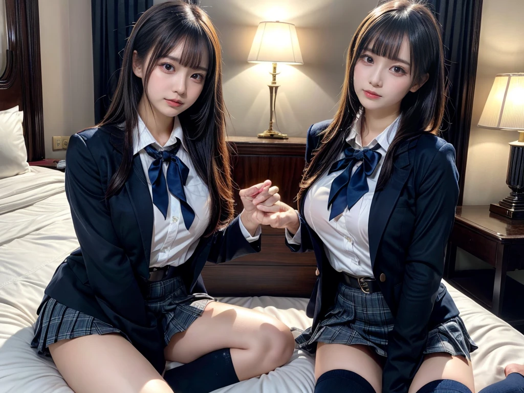 (8K, Raw photography, top-quality, ​masterpiece:1.2), master piece, best quality, illustration, Super detailed, fine details, High resolution, 8K,wall paper, perfect dynamic composition,(Details High quality, realistic depiction of eyes:1.3), ((2 girls, 2 schoolgirls)), The background is a luxury hotel room、High school girl uniform、blazer 、Super Short Check Uniform Skirt、Navy blue high socks、garterbelts、Colossal tits、Disturbed uniform, Play with each other,Touching each other's bodies,Touching the body of the girl next door, short bob hair, black hair color, huge breasts, Big Natural Color Lip, bold sexy pose, (perfect body shape), crying a little、cold gaze,  Beautiful makeup,glitter makeup,Cutest 18 years old, beautiful legs, hposing Gravure Idol, Voluptuous thighs