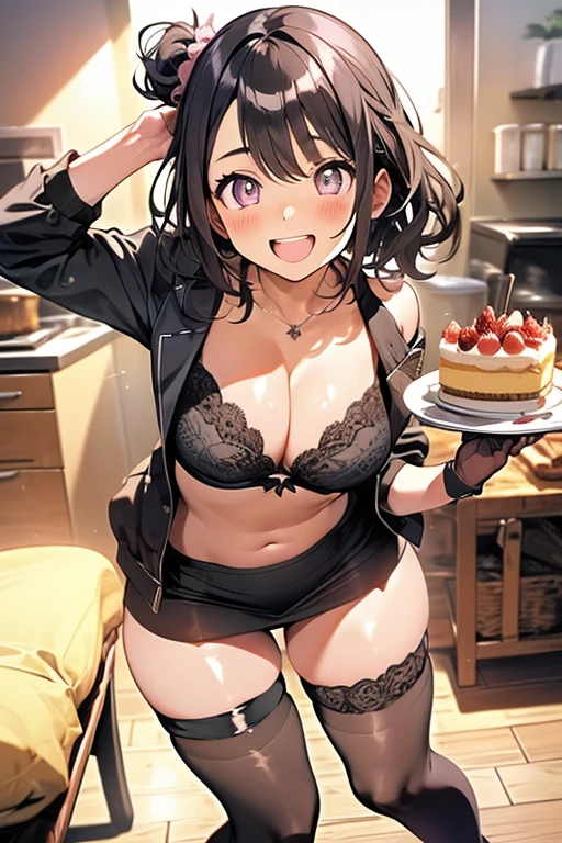 1 girl, small nose, very beautiful detailed face and eyes, bright colors, cute face, delicate beautiful face, Bright magenta eyes, cute eyes, sparkling eyes, Big eyes, (big breasts:1.3), (perky chest:1.1), (pointed chest:1.0), (cake magazine cover:1.3)，highest quality, WorKs of masters, High resolution,BlacK color hair，shiny hair, side ponytail,hair between eyes,bangs, (black jacket, real clothes, cleavage, black skirts, black thighhighs, thigh strap, fingerless gloves, single glove:1.2) , spread legs, panties shot, medium hips, glamorous body, white skin, smile, thin pubric hair, super beautiful face, Super beautiful eyes, Super beautiful hair，trendy outfit，sexy and attractive,full body esbian, Real World, Natural light,perfect Natural light,(with sparkling eyes and a contagious smile), This masterpiece is not only visually stunning but also tells, make of cake cooking , in the kitchen, open mouth, looking at viewer, 