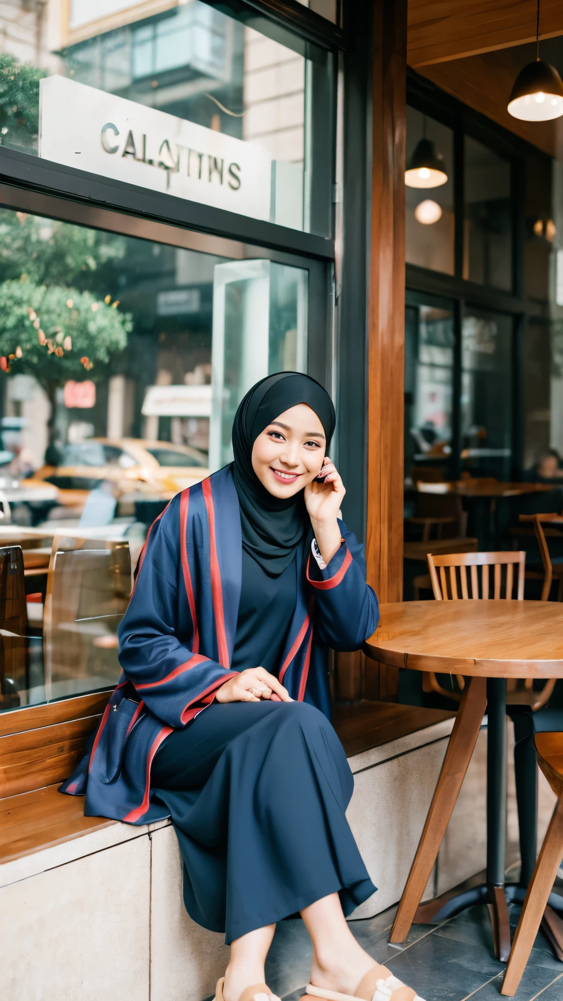 a Malay woman, wearing a hijab, modern robe, sitting in a cafe, 8k