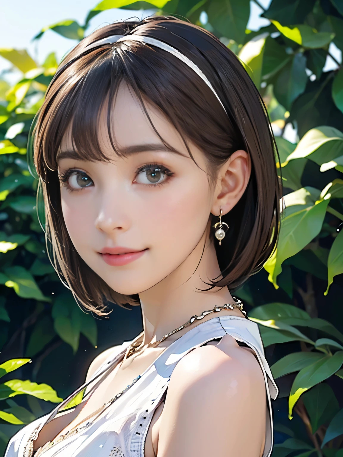 ((((highest quality))))、(((Ultra-precision CG16K wallpaper)))、(((masterpiece)))、(((Super detailed)))、(((Extreme detail)))、((1Mature 29 year old woman:1.6))、((Very beautiful Japanese faces))、((Zuo々Nozomi:1.5))、((Straight short bob hair、blunt bangs:1.5))、(Shiny brown hair)、Beautiful delicate eyes、Brown Eyes、eyeliner、Eyeshadow、High nose、Small nostrils、Small Mouth、Seductive lips、Beautiful breasts、((C cup size breasts))、Cleavage、Beautiful feet、eight-headed body、Perfect proportions、Perfect Anatomy、Perfect composition、Beautiful detailed shading、Beautiful, natural lighting、Beautiful detail glow、Depth of written boundary、(((High chroma)))、(((Real:1.9)))、((vivid:1.5))、((Beautiful Skin))、((Skin Texture))、((Realな皮膚感))、(((Portrait:1.6)))、((front view、shoot from front、Front low angle:1.6))、(((Ecstatic face:1.6)))、((The woman is looking at this、looking at viewer、Facing forward:1.6))、Bright daylight、Natural light、(((background_Foliage plant:1.5)))、(Walking Pose:1.6)、(((White sleeveless lace knit dress:1.6)))、((hair band、Earrings、Wearing a necklace:1.5))、
