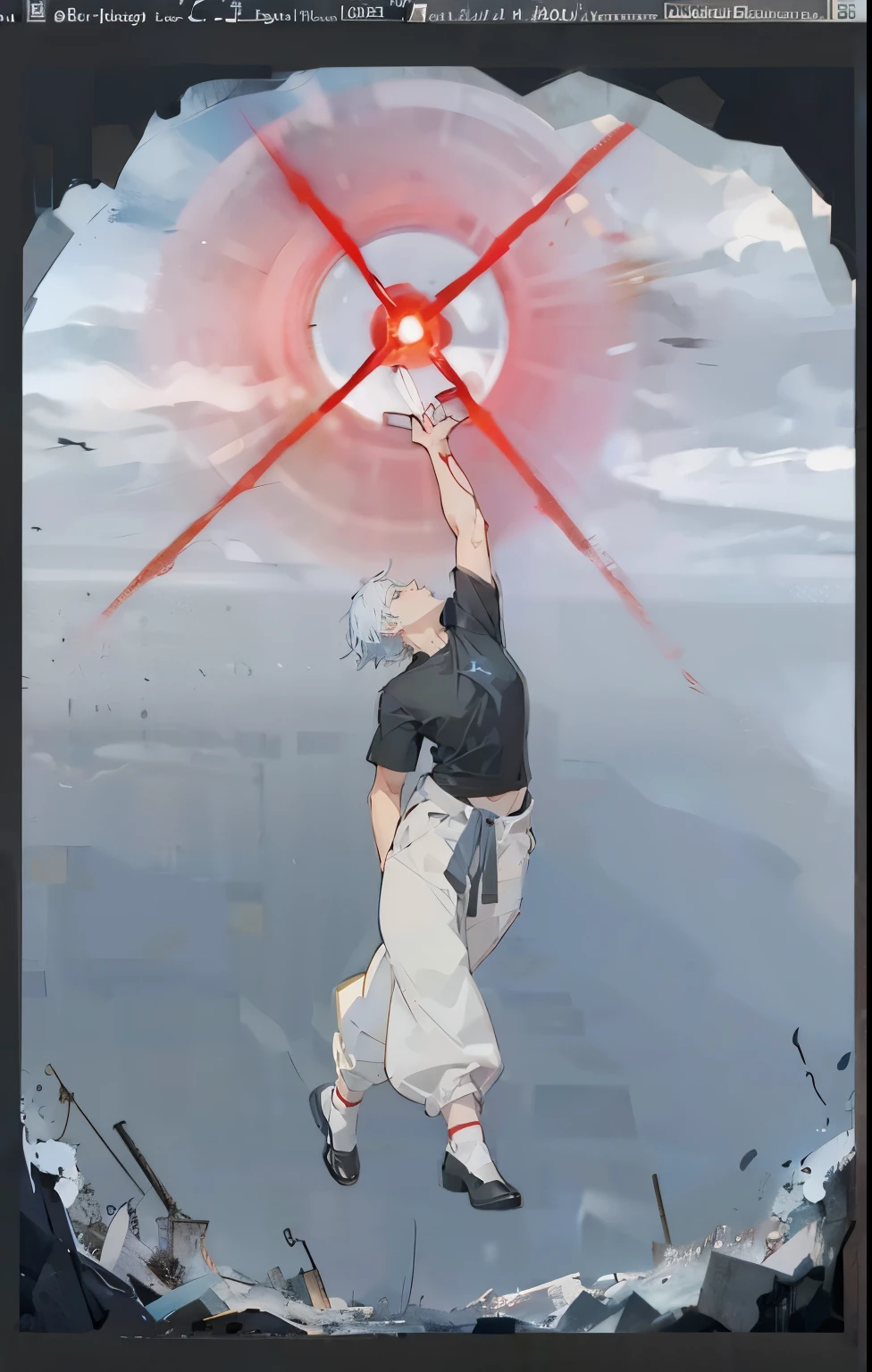 A man levitates in the air, hand raised up, a red ball comes out of the hand, energy around the ball, black tight T-shirt, white baggy pants, view through the destroyed wall, high detail, Best quality, masterpiece, Blue eyes, against the backdrop of the city, 1 man, full length, high detail рук, beautiful fingers, high resolution pictures, RTX, anime стиль, anime, special effects, VFX, dynamic pose, anatomy, Beautiful body, Perfect hands,