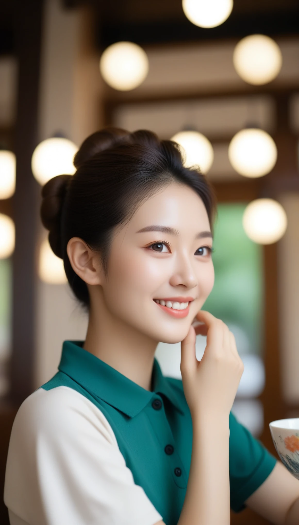 close up, Side view of beautiful Korean woman, 34 inch chest size, Hair Bun, Wear a well-fitting polo shirt, Smile, Put your chin on one hand, In a tea house, Bokeh background, Polaroid photos, Ultra HD