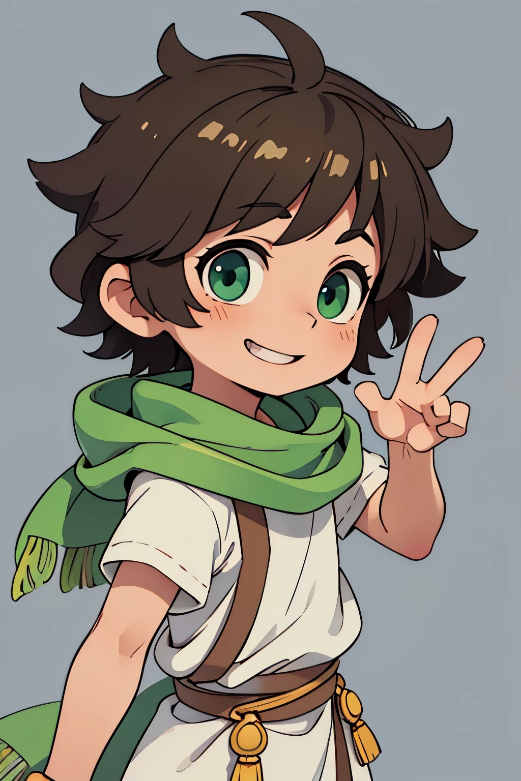 (high-quality, breathtaking),(expressive eyes, perfect face) 1boy, male, solo, , short height, age 5, darkown color hair, green eye color, spiky fluffy hair, wavy hair, short hair length, cute smile, cute face, childlike face, white tunic, green trim, green scarf, Symmetrical Eyes, portrait, positive expression, grey background, greek clothes, ancient Greek clothes
