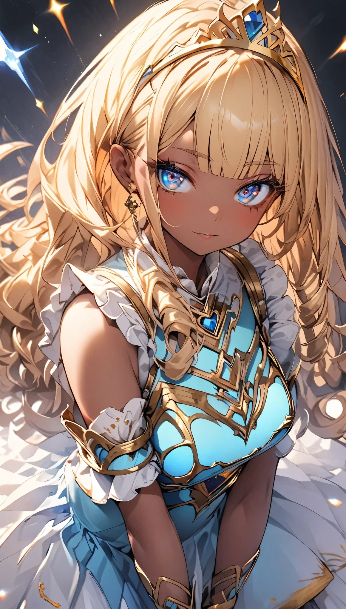 masterpiece, best quality, extremely detailed, high resolution, Japanese anime,1girl, (dark skin:1.2), gold hair, (medium length hair:1.4), (blunt bangs:1.3), curly hair, wavy hair, drill hair, (eye lashes:1.3), (eye brow:1.3), (blue eyes:1.5), (beautiful detailed eyes:1.4), (eyes half-closed:1.5), 130cm tall, original character, fantasy, (black background:1.2), beautiful fingers, standing, (blue orange-colored lace frill armor dress:1.5), (tiara:1.5) , shoot from front, looking at viewer