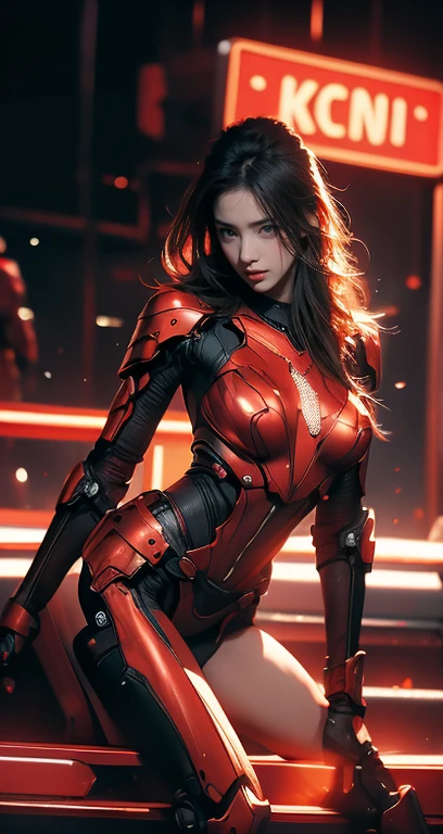 Realistic picture 8k,Masterpiece,Highest quality,Maximum details,anatomy,hips up,Complete dynamic composition,Bright natural light that is easy on the eyes,1 girl,alone,cyberpunk robot,red body,There are neon lights on the machinery.,Body Machinery,