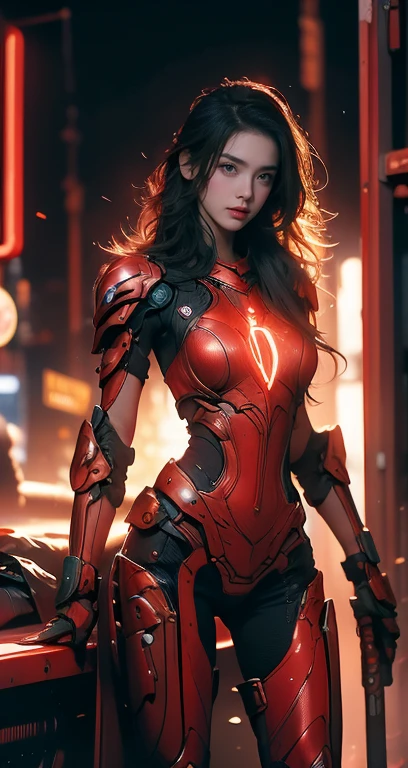 Realistic picture 8k,Masterpiece,Highest quality,Maximum details,anatomy,hips up,Complete dynamic composition,Bright natural light that is easy on the eyes,1 girl,alone,cyberpunk robot,red body,There are neon lights on the machinery.,Body Machinery,