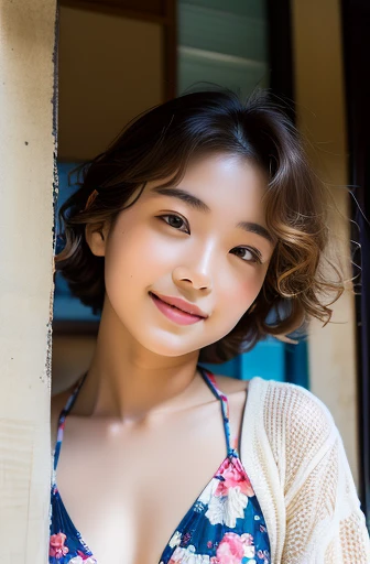 (Very cute 20 year old young woman from Japan), ((delicate hair between brown and blonde)),full body, ((messy side wave short hair)),medium bust size、small tits、 (((Clean hands))),(Curly hair),(((Very sweet smile))), (((She is wearing a bikini))) ((of the highest quality, 16 K, masutepiece: 1.3)), Light on Face, hyperdetailed face, very detailed lips, Detailed eyes, City Street,Angle from below:1.5,