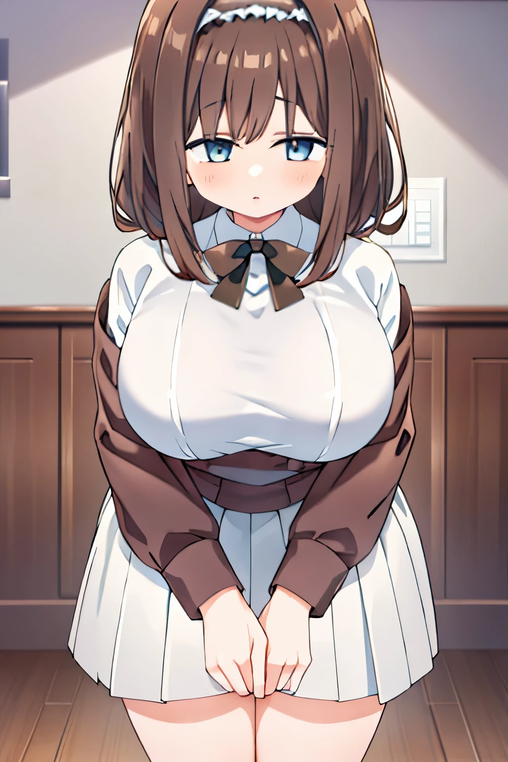 G-Cup　　masterpiece　highest quality　High resolution　　Inner thighs　Hold the skirt tightly　Confused face　Brown Hair　Soft and fluffy　older sister　Married Woman　Hold the crotch　Hold the pee