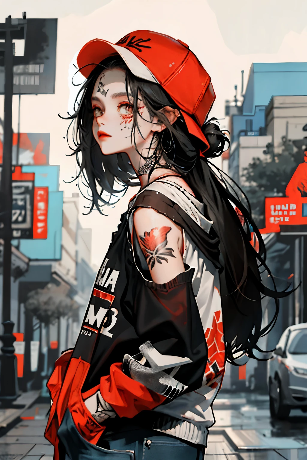 One girl,Back Shadow Splatter, Red paint splatter sweatshirt(Blackish color),Face and neck tattoos, Off-the-shoulder garments,Baseball cap,Alchemy Research Institute,Mysteries of the Uncharted Territories,Put your hands in your pockets,Random colorful long hair,Shoulder-length hair,Iris,game scene graph, Rainy street background