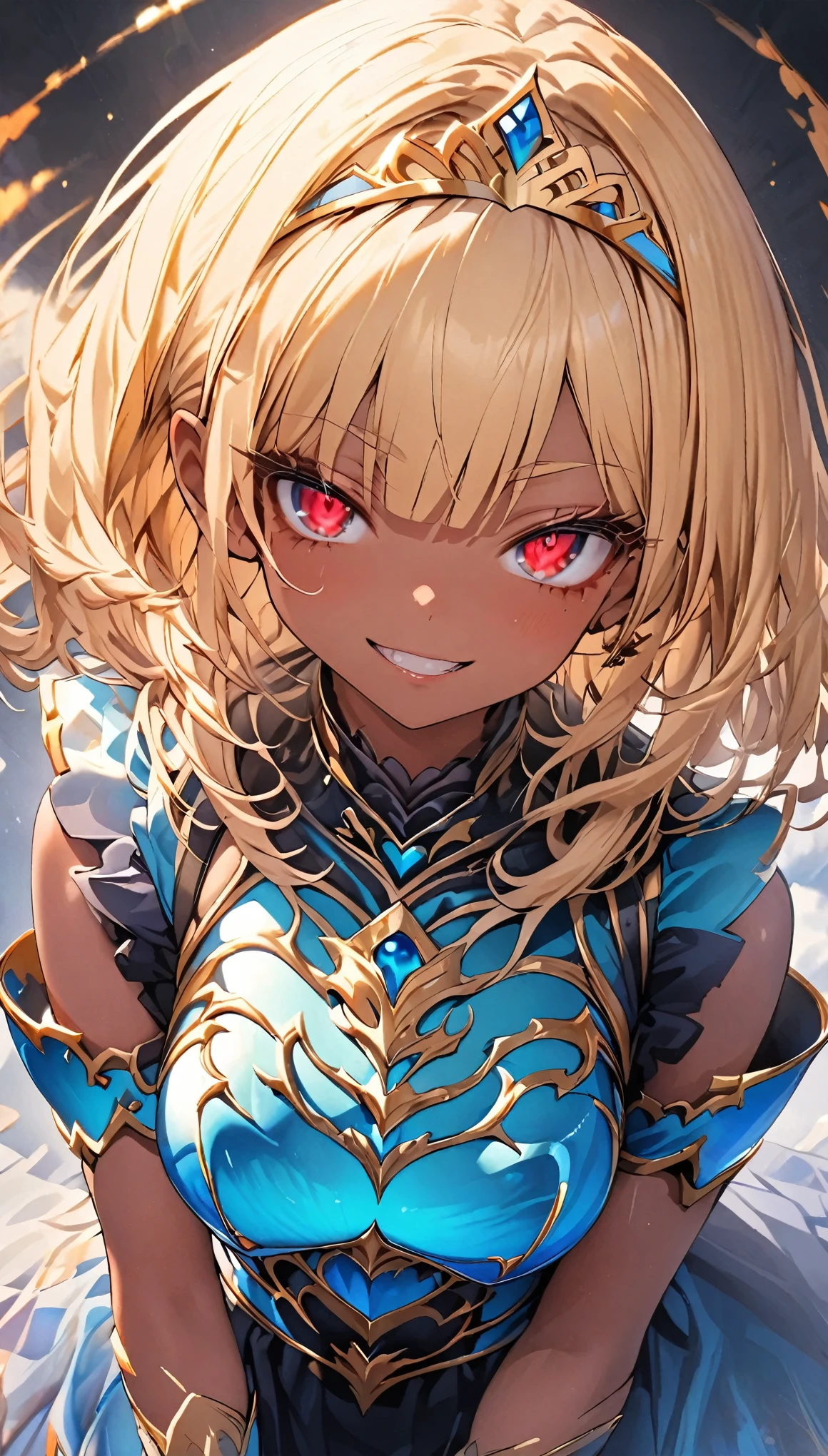 masterpiece, best quality, extremely detailed, high resolution, Japanese anime,1girl, (dark skin:1.2), gold hair, (short length hair:1.4), (blunt bangs:1.3), curly hair, wavy hair, drill hair, (eye lashes:1.3), (eye brow:1.4), (red eyes:1.5), (beautiful detailed eyes:1.4), (eyes half-closed:1.5), evil grin, 130cm tall, original character, fantasy, (black background:1.2), beautiful fingers, standing, (blue orange-colored lace frill armor dress:1.5), (tiara:1.5) , shoot from front, looking at viewer