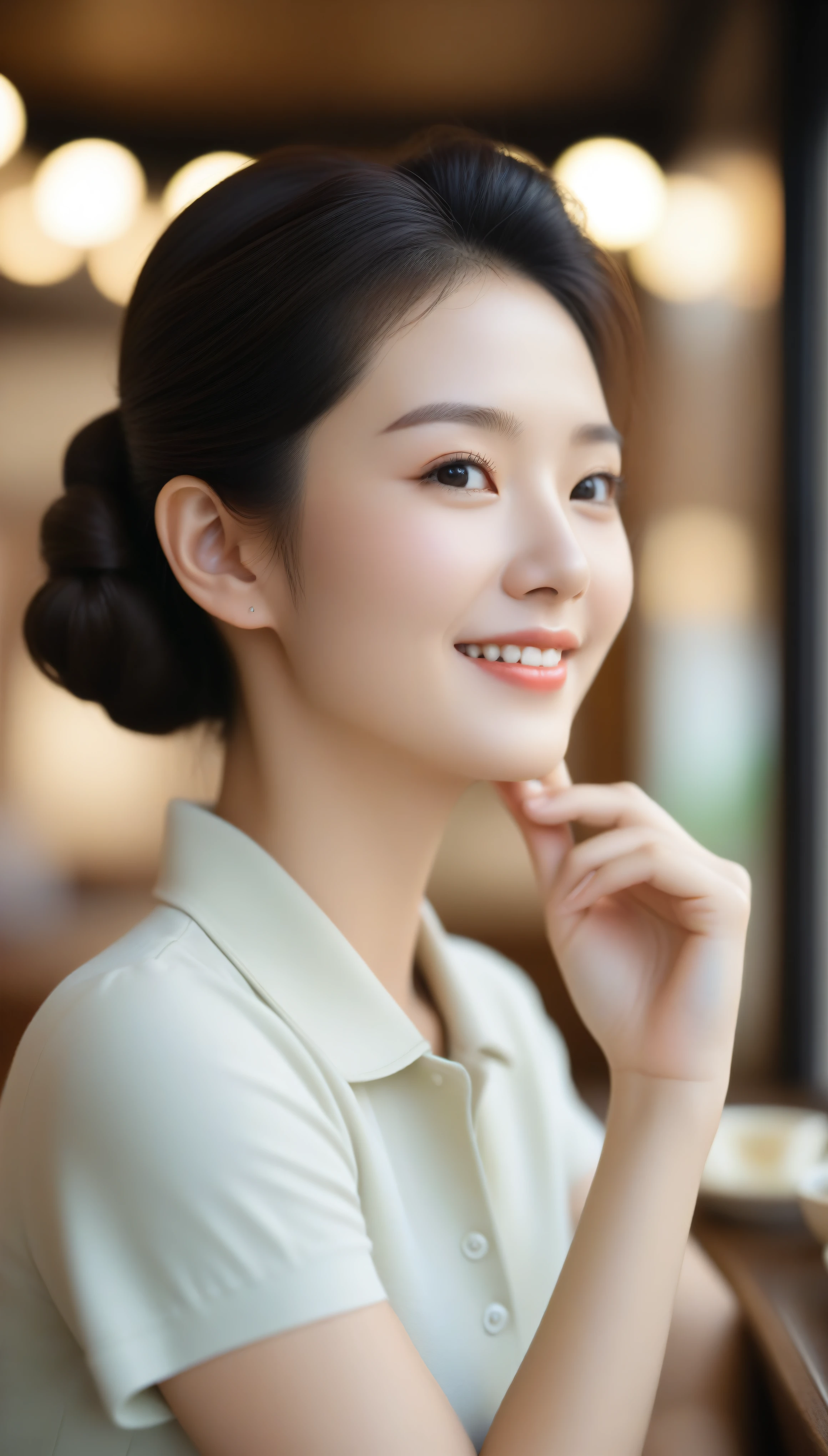 close up, Side view of beautiful Korean woman, 34 inch chest size, Hair Bun, Wear a well-fitting polo shirt, Smile, Put your chin on one hand, In a tea house, Bokeh background, Polaroid photos, Ultra HD