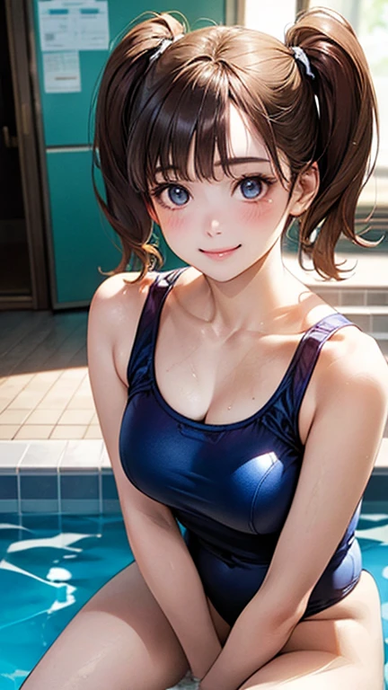 (masterpiece:1.2, highest quality), (Realistic, photoRealistic:1.4), Beautiful illustrations, (Natural Side Lighting, Cinema Lighting),
View Viewer, Upper Body, (Front view), 1 girl, Japanese, s old, Perfect Face, Cute and symmetrical face, Shiny skin, Baby Face,
(short hair:1.2, Twin tails:1.2, Light brown hair), blue eyes, (Big Breasts:0.6),
Beautiful Hair, Beautiful Face, Beautiful fine details, Beautiful clavicle, Beautiful body, Beautiful breasts, Beautiful thighs, Beautiful feet, Beautiful fingers,
(Blue school swimsuit),
(Beautiful views), evening, Pool, Sitting, (Cute smile, Upward glance),