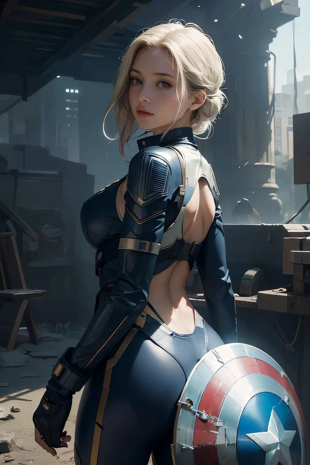(1girl:1.3), solo, __body-parts__, official art, unified wallpaper 8k, super detailed, beautiful and aesthetic, beautiful, masterpiece, best quality, raw, masterpiece, super beautiful photo, best quality, super high resolution, photorealistic realism, sunlight, full-length portrait, amazing beauty, dynamic pose, delicate face, bright eyes, white hair ((rear view)), she wears a futuristic Captain America costume, blue color scheme, (hand a shield), Capital A on the chest, very detailed abandoned ancient temple background, detailed face, detailed complex busy background, dirty, gorgeous, milky white, very detailed skin, realistic skin details, visible pores, sharp focus, volumetric mist, 8k uhd, SLR camera, high quality, film grain, light leather, photorealism, lomography, huge metropolis in a future dystopia, bottom view, translucent