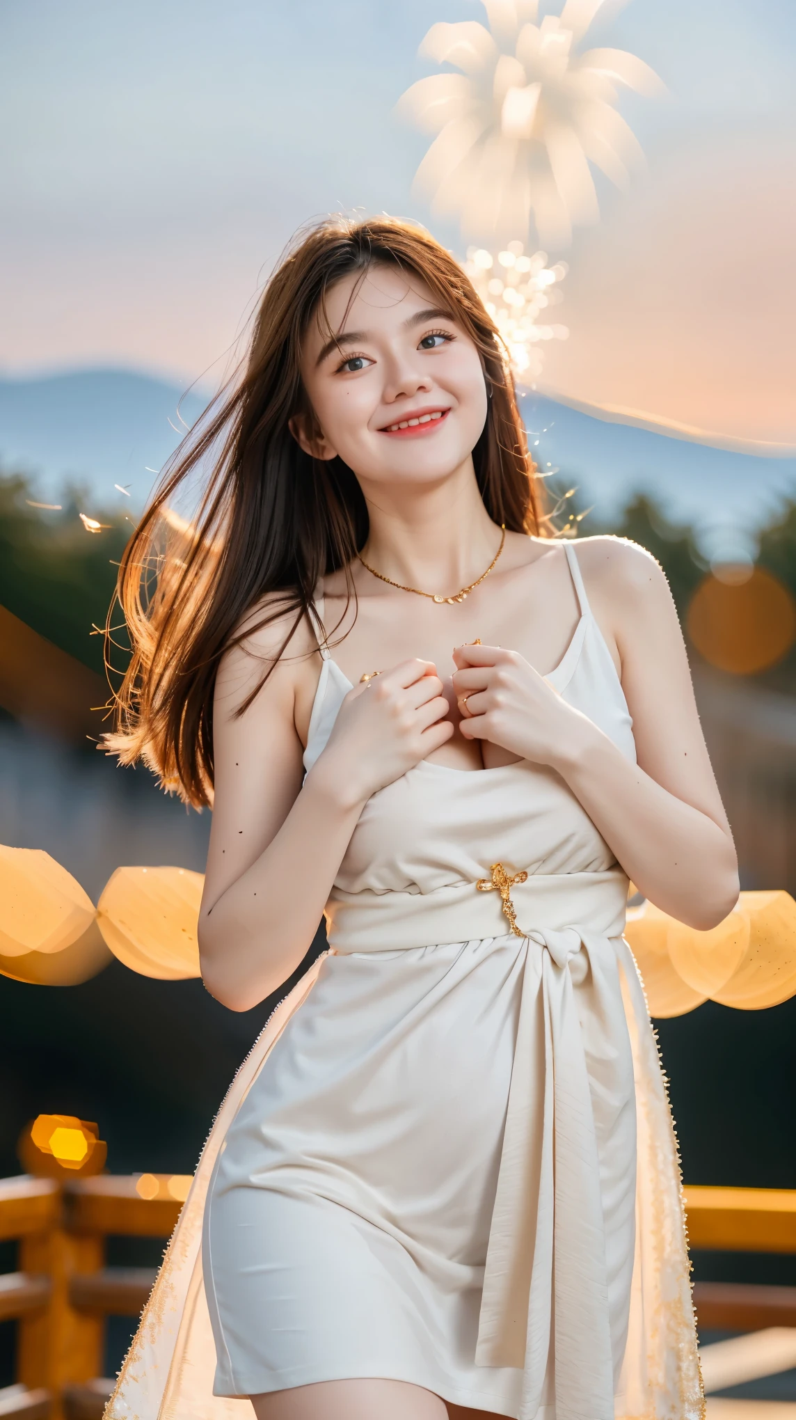 Adorable , Gorgeous , Beautiful , Russian Baby Face , Large Colossal Chest , 20 Years Old , White Skin , Slip Dress , Top of The Mountain Background , Wind , Laughing , Tighten Breast , ((Bokeh:1.3)) , Grey Eye , ((White-Gold Coloured)) , ((Firework:1.1)) , ((Night:1.3)) , Standing Pose , HDR , Ultra Detailed , EF 24-70mm f/2.8L II USM