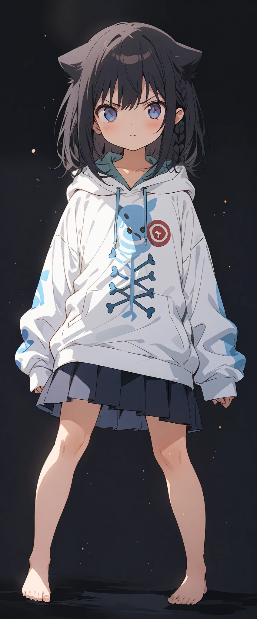 White background、Solid white background、Blank background、just standing girl, only one girl、Full body shot from the front,Ultra-high resolution, highest quality,fish-bone braid hair、Fishbone Hair、Flat Chest、beautiful detailed eyes、black hair、Black hair × Blue eyes、blue eyes、Serious expression、 Plain white hoodie、Black pleated skirt、barefoot