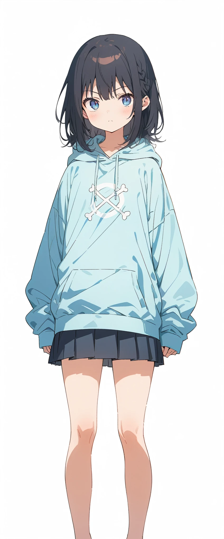 White background、Solid white background、Blank background、just standing girl, only one girl、Full body shot from the front,Ultra-high resolution, highest quality,fish-bone braid hair、Fishbone Hair、Flat Chest、beautiful detailed eyes、black hair、Black hair × Blue eyes、blue eyes、Serious expression、 Plain white hoodie、Black pleated skirt、barefoot