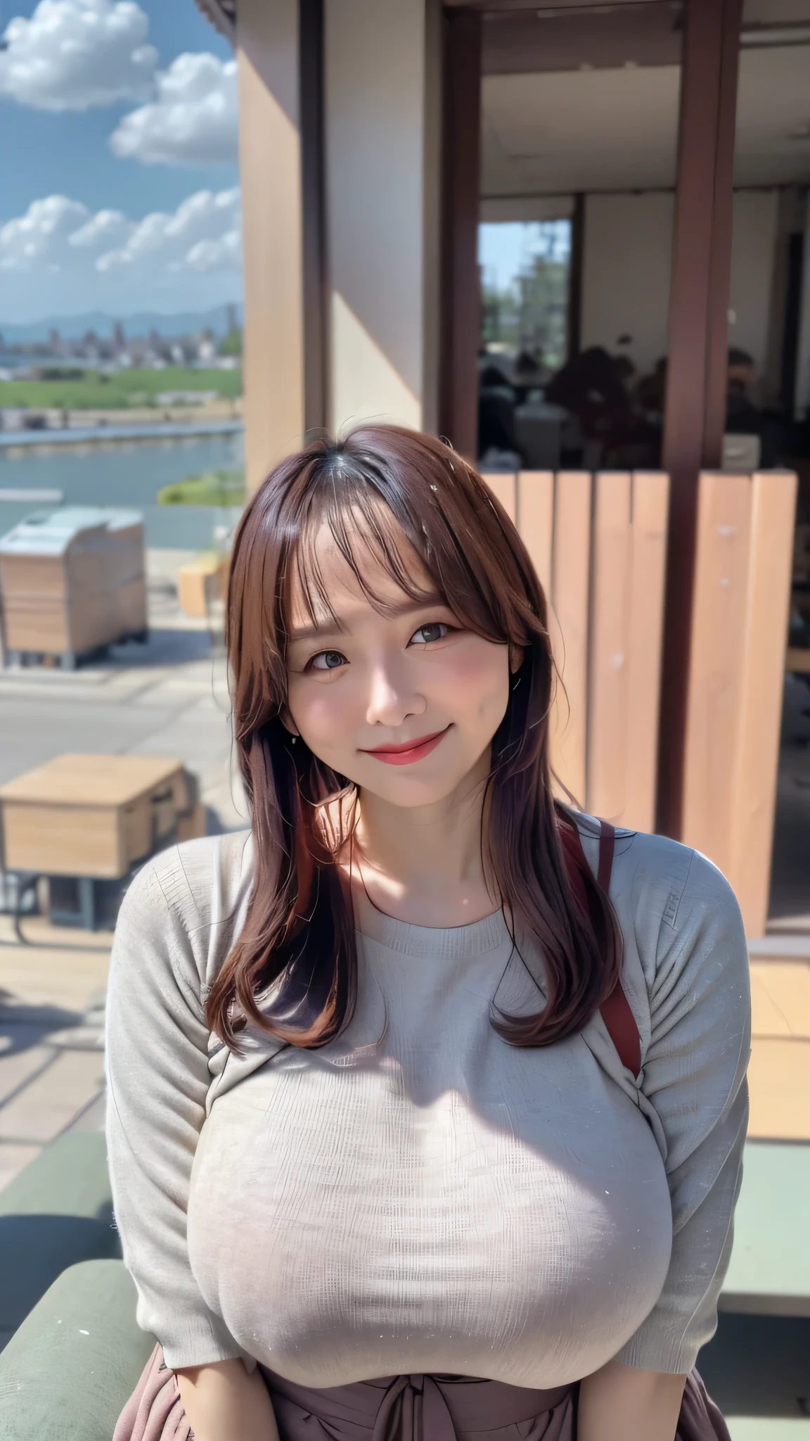 Ulzzang-6500-v1.1, (RAW Photos:1.2), (Photorealistic), (Genuine:1.4), (Pieces fly),Tabletop, highest quality, Realistic, In detail, High resolution, Perfect dynamic composition, Beautiful details, Long Hair:1.75, Random sexy poses,Random Situation、Tight knitwear、Huge breasts bigger than her face、Laughter、Cityscape、40 years old、(Droopy Eyes 1.3)、Adult Beauty、Natural Makeup、Japanese