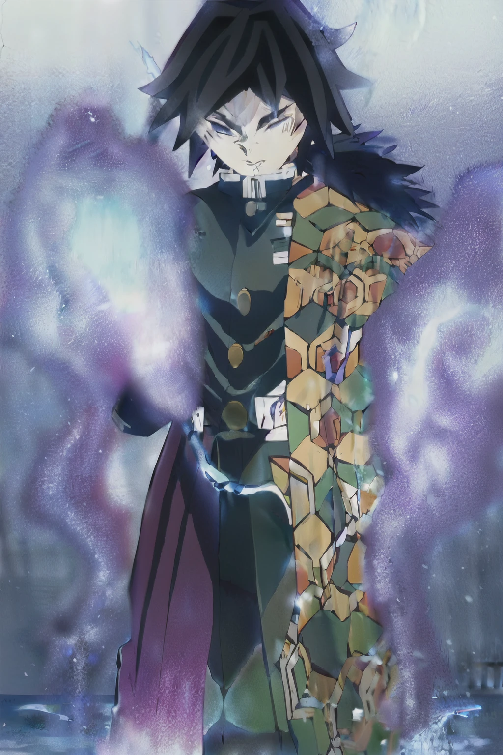 tomioka giyuu, demon slayer, 1boy, solo, upper body, (water, blue aura, flowing water), katana, sword, holding katana, fighting stance, looking at viewer, long hair, purple,blue eyes, black hair, standing, jacket, male focus, japanese clothes, black jacket, demon slayer uniform,