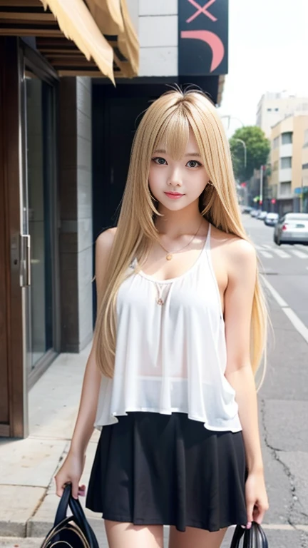 Sexy big 、Sexy cute looks and cute  beautiful girl, Beautiful and sexy face、A strong wind blows my hair in front of my face、Beautiful long blonde straight hair、Beautiful, cute and sexy eyes hidden by long bangs、Tank top、Check mini skirt