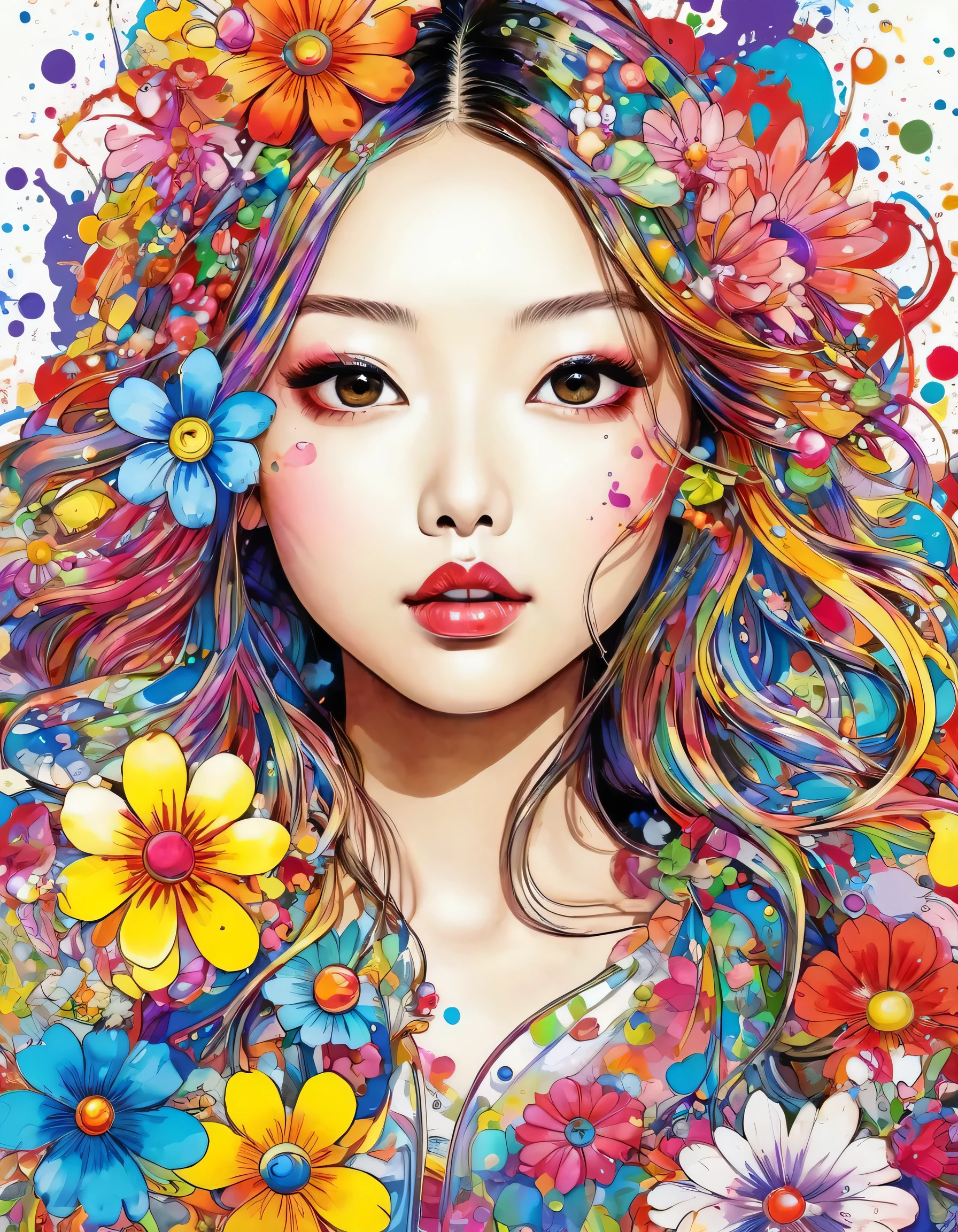 Takashi Murakami Style、(((stylish fashion))), 8K Quality、Intense watercolor, Detailed watercolor art, Watercolor splash, Surreal, avant-garde pop art, Beautiful and expressive paintings, Beautiful artwork illustration, Very colorful tones, wonderful, Cool beauty, highest quality、Official Art, Vector art, Stylish design, (((The most beautiful girl))), (((highest quality))), HDR, ((detailed)), (((Doodle Art)), ((masterpiece)), ((Super detailed)), (((Colorful flowers))),(((Stylish))),